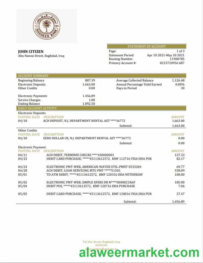Iraq Rasheed Bank statement